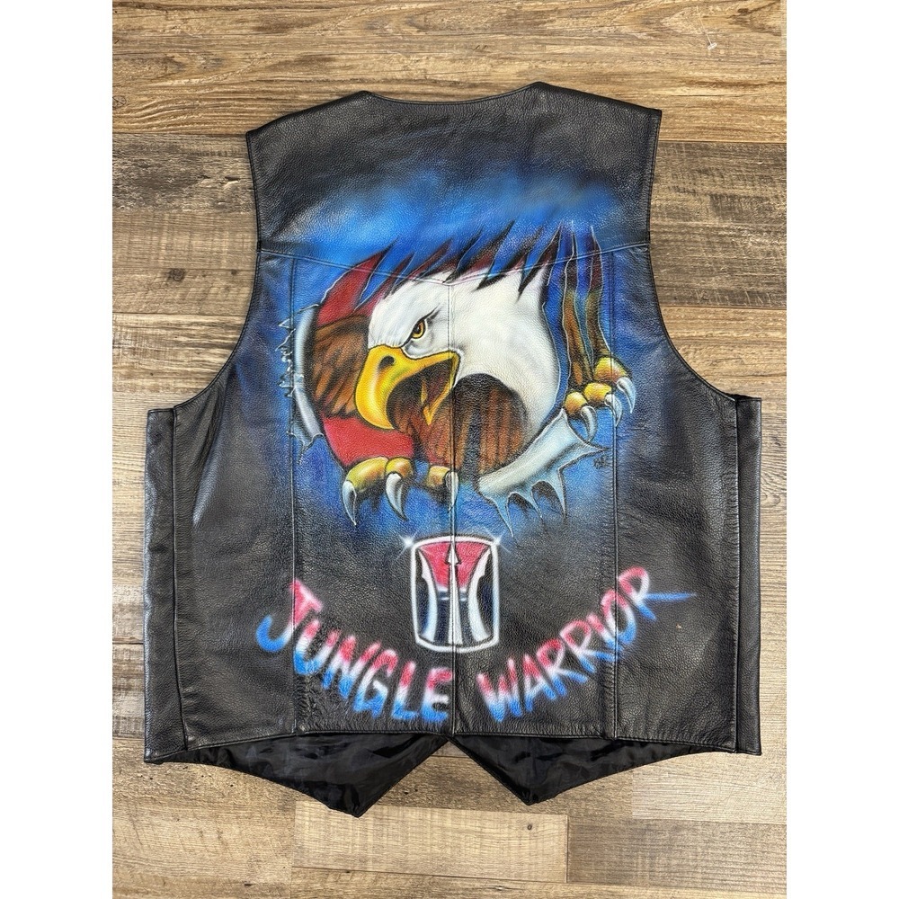 FMC Mens Black Leather Biker Vest Hand Painted Eagle Jungle Warrior Size 44